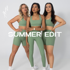 3 girls standing, summer edit collection aloes green Jolla Wear
